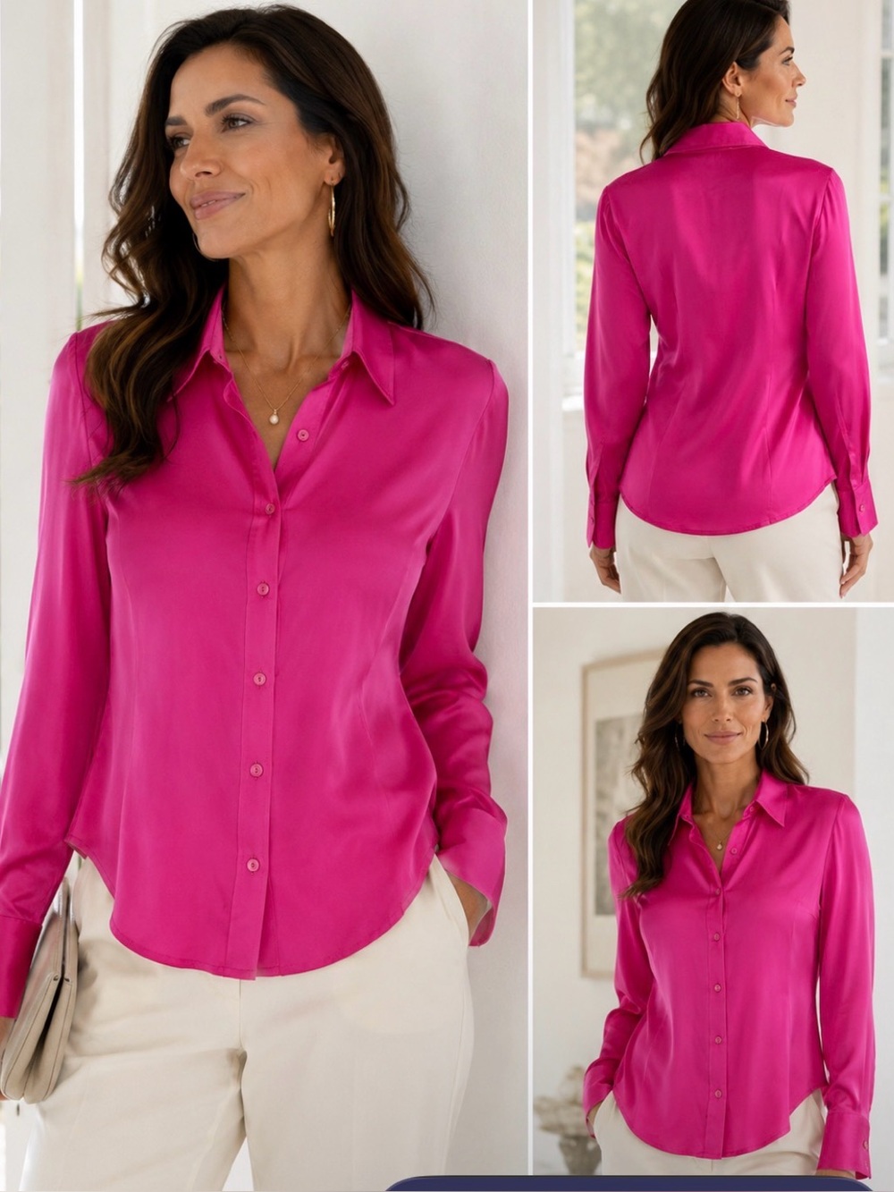 Santorelli 100% Silk Fuchsia Blouse Italian Luxury Tailored Shirt Size 8